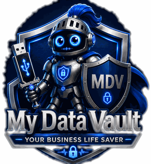 My Data Vault crest — robot knight mascot, Your Business Life Saver