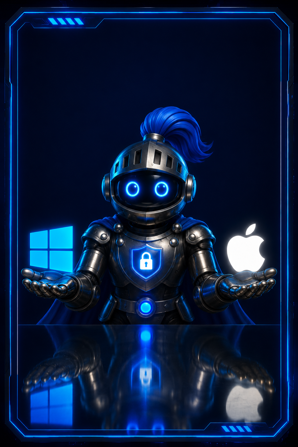 MDV knight mascot offering the remote support tool — choose Windows or Mac