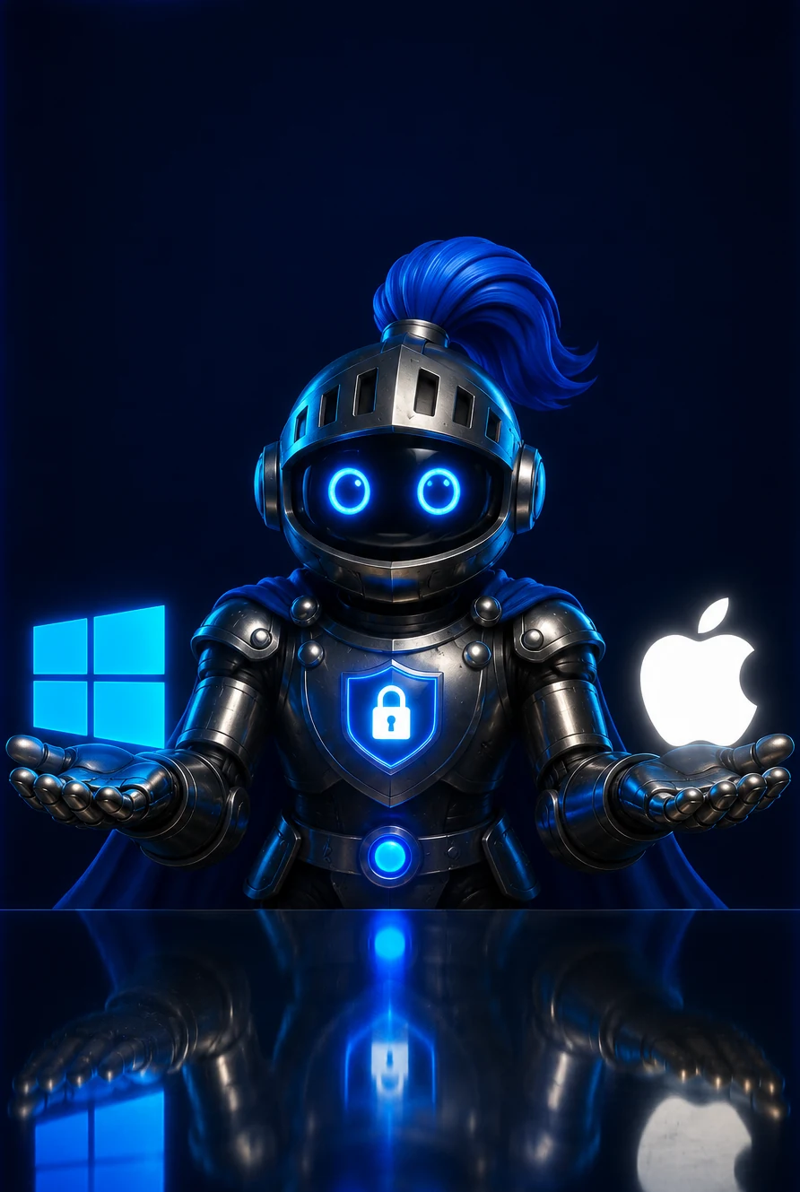 MDV knight mascot offering the remote support tool — choose Windows or Mac