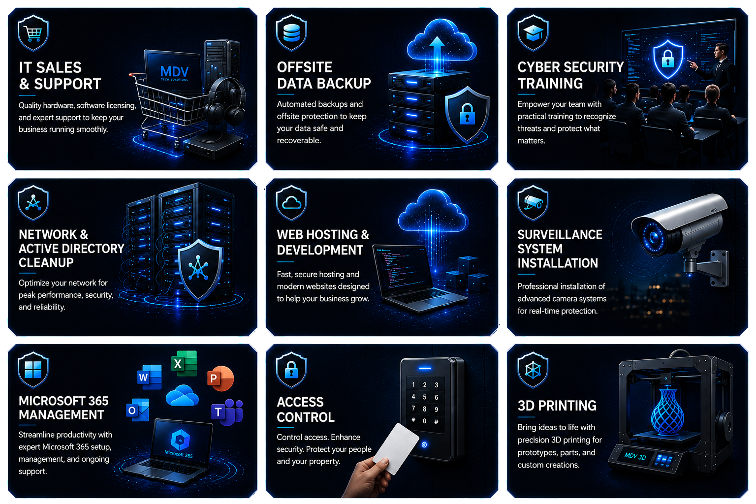 MDV services: IT Sales & Support, Offsite Data Backup, Cyber Security Training, Network & Active Directory Cleanup, Web Hosting & Development, Surveillance System Installation, Microsoft 365 Management, Access Control, and 3D Printing
