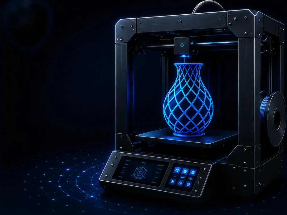 3D printing — printer building a glowing lattice vase