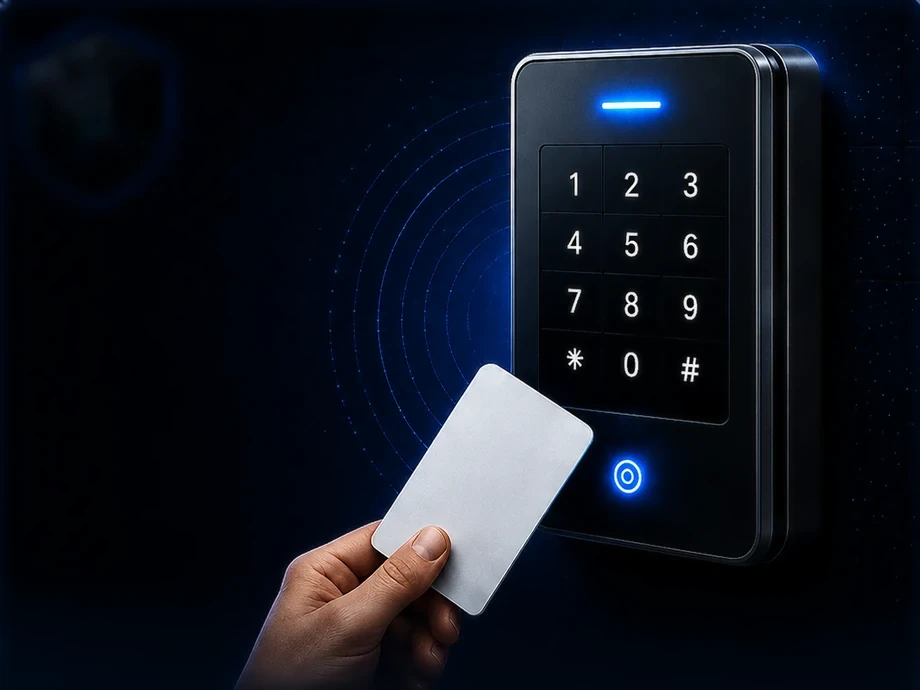 Access control — keycard presented to a door keypad