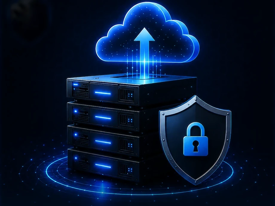 Offsite data backup — server stack uploading to a secure cloud