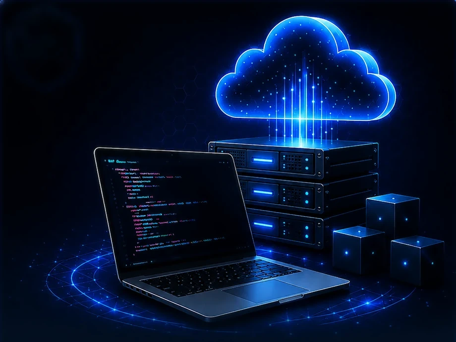 Web hosting and development — laptop with code beneath a data cloud