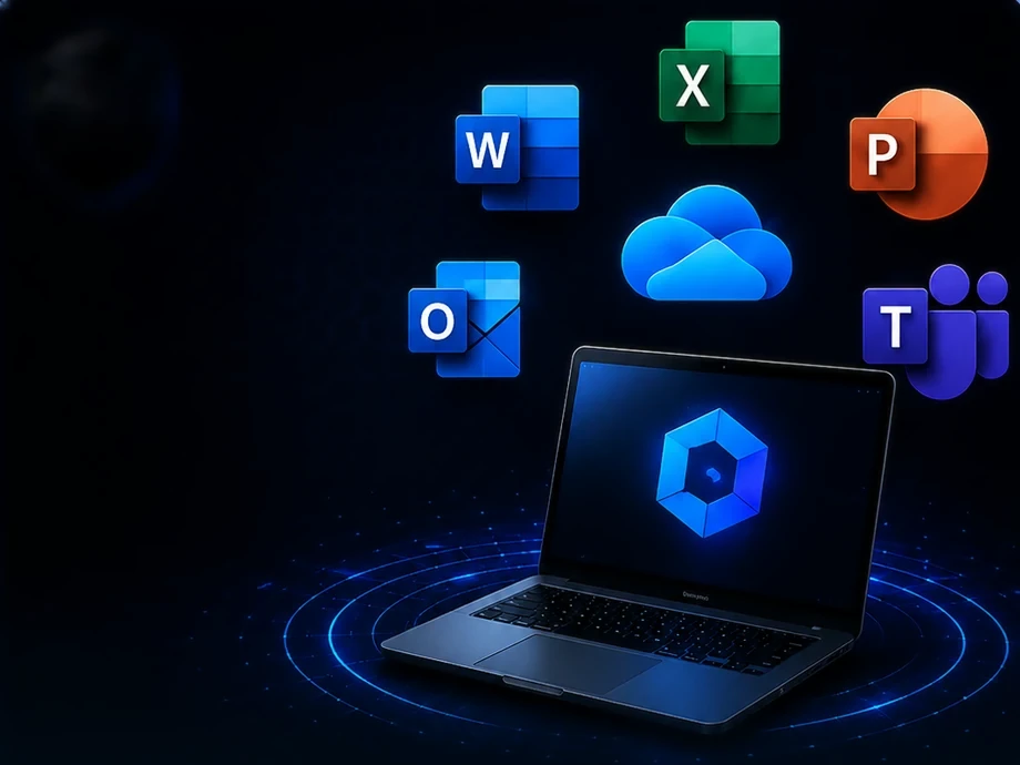 Microsoft 365 management — laptop with Word, Excel, PowerPoint, Outlook, OneDrive and Teams icons