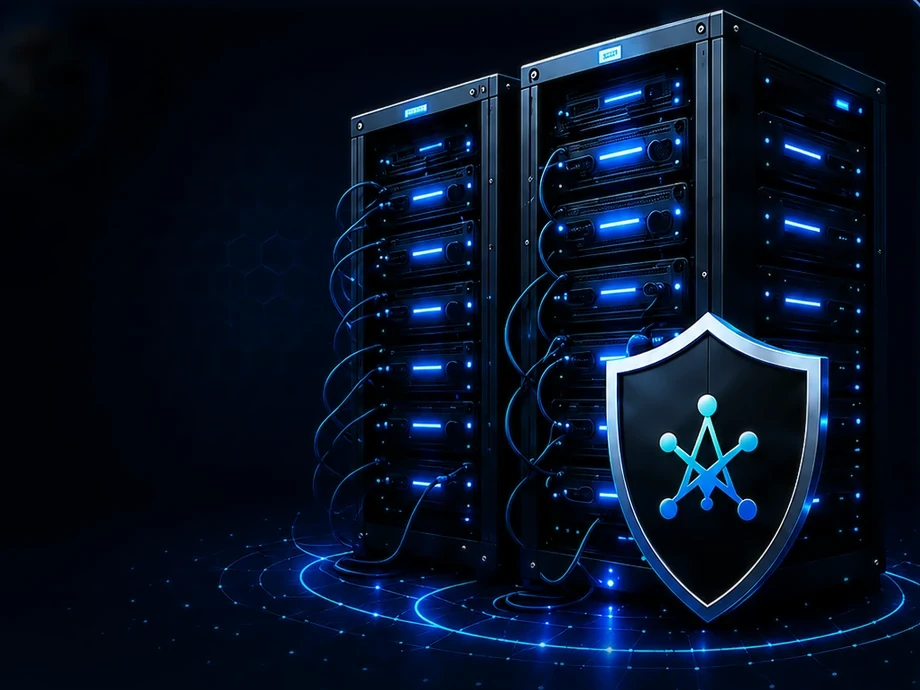 Network and Active Directory cleanup — organized server racks with a network shield