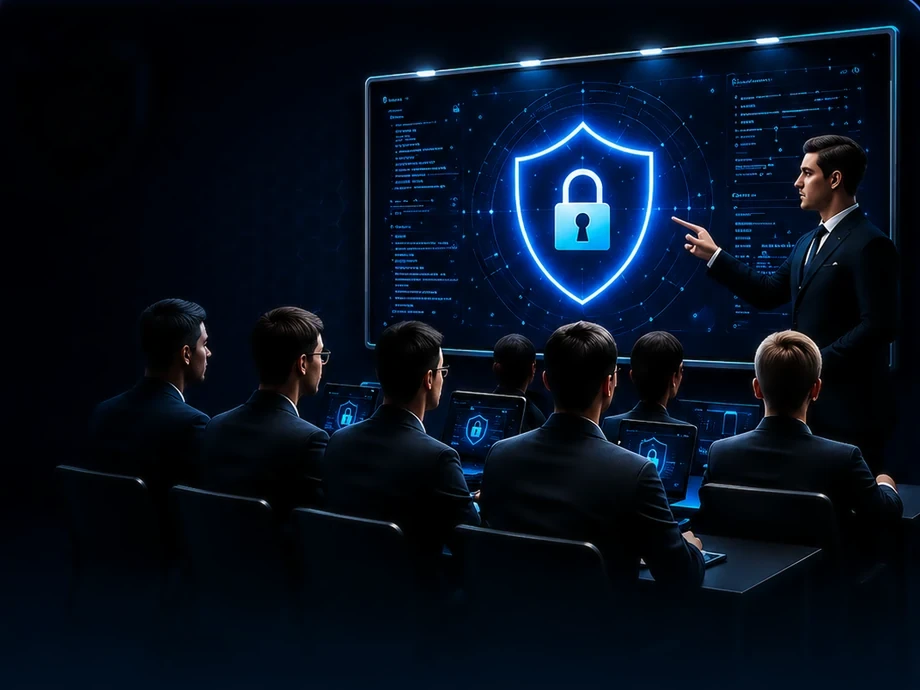 Cyber security training — instructor presenting a shield lock to a class